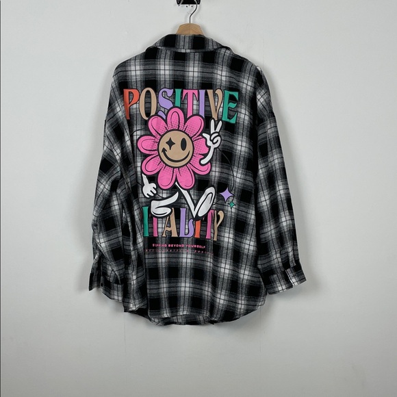 SHEIN Tops - Shein Streetwear Plaid Flannel Oversized  Shirt with Positive Flower Graphic 3X